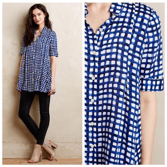 Anthropologie Tops - Tylho Adanne Grid Print Tunic Top Flare Buttons M